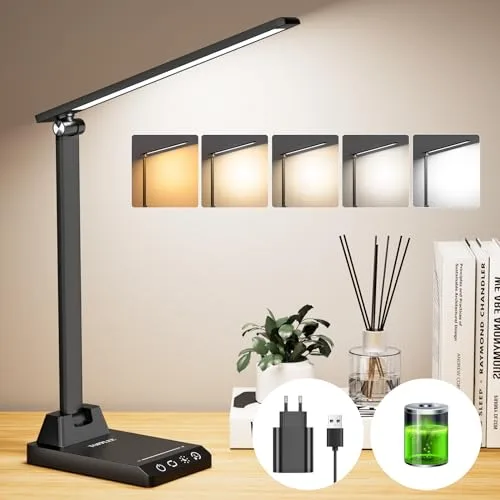Lámpara Escritorio, Flexo Led Escritorio con 2500mAh Batería, 5 Modos,10 Niveles de Brillo Lámpara Escritorio LED, Temporizador de 30/60min Lampara Escritorio Led, Función de Memoria Flexo Escritorio