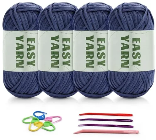 4 ovillos de 50 g de lana para ganchillo, hilo grueso, hilo de ganchillo, lana de chenilla para ganchillo, malla bien visible, lana gruesa para ganchillo, algodón y nailon, azul vaquero con accesorios
