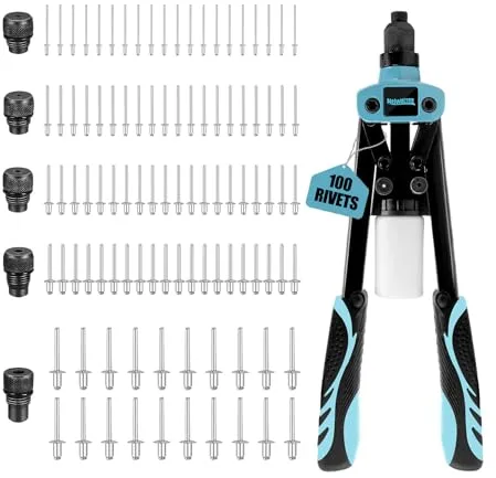 Meiwaltee 13" Remachadora Manual Profesional 5 en 1 con 100 Remaches, Pistola Remachadora con 5 Boquillas Intercambiables 6,4-2.4 MM Apta para Remaches de Acero, Acero Inoxidable y Aluminio