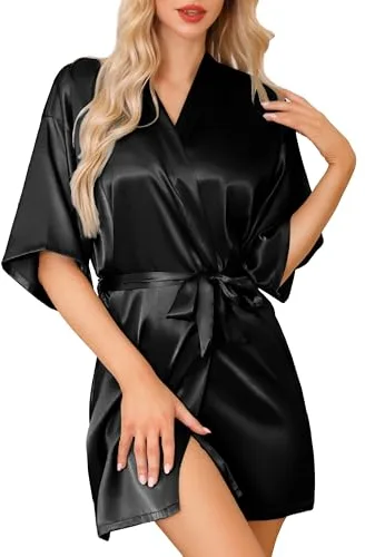 Lovasy Bata de Satén Mujer Verano Kimono Japones Sexy Novia Batas De Casa Mujer con Cinturón,Negro,M
