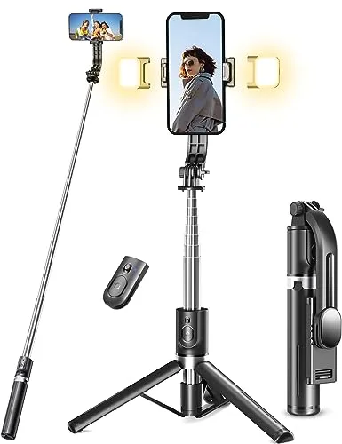 Palo Selfie Trípode Mejorado - 2 Luces de Relleno, Tripode para Movil 114 CM Extra Largo con Control Remoto Desmontable, Compatible con la Mayoría de Teléfonos iPhone, Samsung