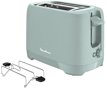 Moulinex Morning Plus - Tostador 2 ranuras, calentador para pan y croissants, 7 niveles de tostado, gran capacidad elevación, bandeja recogemigas extraíble, ranuras extraanchas, LT2M1310
