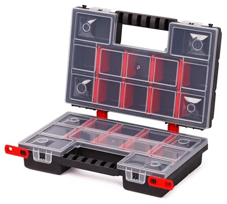 Mivos Caja surtida de doble cara de 287 x 186 x 100 mm, caja de clasificación de 2 caras con 64 compartimentos ajustables, de tornillos, organizador de accesorios