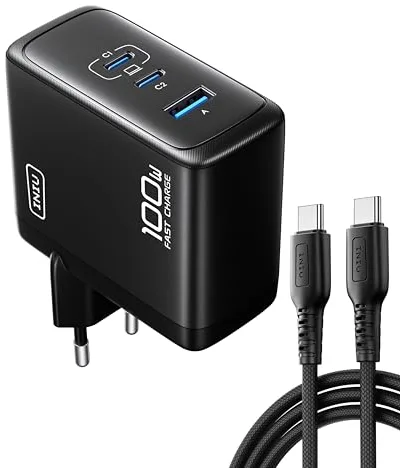 INIU 100W Cargador USB C, PD GAN 3-Puertos Tipo C Carga Rapida, Cargador Compacto y Portátil con MacBook Air, iPad Pro, iPhone 17 16 Pro MAX, Samsung Galaxy S25 S24 S23 Ultra, Steam Deck Switch 2 etc