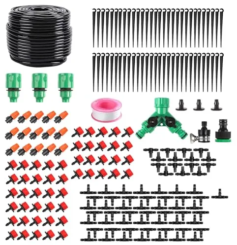 HUAZIZ Sistema de Riego por Goteo,50M Sistema de Riego Jardín, Kit de Riego por Goteo por Bricolaje para Jardín Micro,Ajustable Boquilla Aspersor Pulverizador, Riego automatico, Jardin, Invernadero