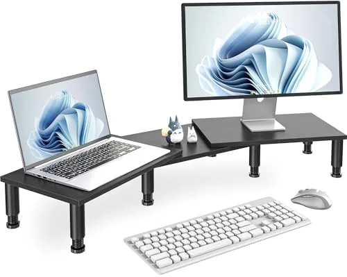 AX WABER Soporte doble para monitores de madera en color negro, elevador ajustable con almacenamiento