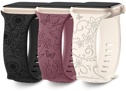 AMSKY 3 Piezas Grabado Floral Compatible con Correa Apple Watch 40mm 44mm 42mm 46mm 41mm 45mm 38mm 49mm Mujer, Correa de Silicona Compatible con iWatch Series 11 10 9 8 7 6 5 4, SE 3 2 1