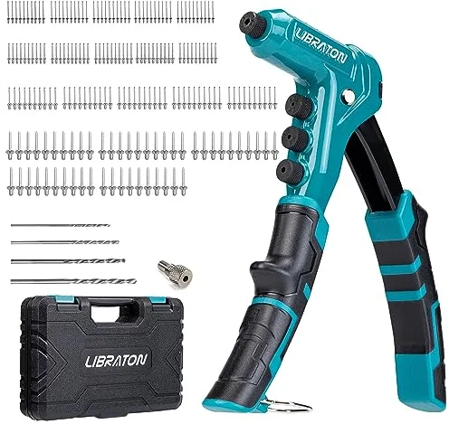 LIBRATON Remachadora Manual, Pistola Remachadora, Remachadora Profesional con 200 Remaches (2,4 mm/3,2 mm/4,0 mm/4,8 mm) y 4 Brocas HSS, para Metal, Madera y Plástico