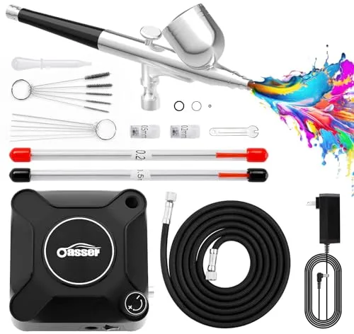 Oasser Mini Kit Aerógrafo con Compresor Profesional Airbrush 36PSI Doble Acción Juego Pistola Regulación Voltaje Continua Modelos Decoración Tartas Uñas
