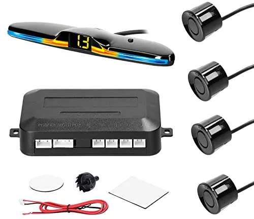 Shkalacar Sensores Aparcamiento Coche, Aparcamiento Coche Kit con 4 Sensores, Sensor Aparcamiento Coche Detección de Distancia, Luz LED, Zumbador de Advertencia de Sonido Negro/Blanco