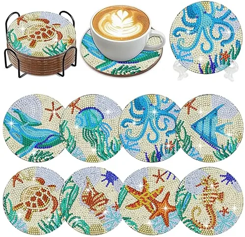 Muzagroo Art Diamond Coaster Art - Kit de pintura de mosaico con diamantes, para principiantes, para reducir el estrés, para adultos, 8 piezas (animales marinos)