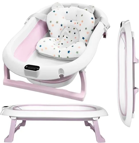 ALMAR Baby Bañera Plegable Bebé hasta 24 meses Rosa Palo con Termómetro Asiento Reductor para Recien Nacido con Patas Antideslizante Indicador de Temperatura Compacta