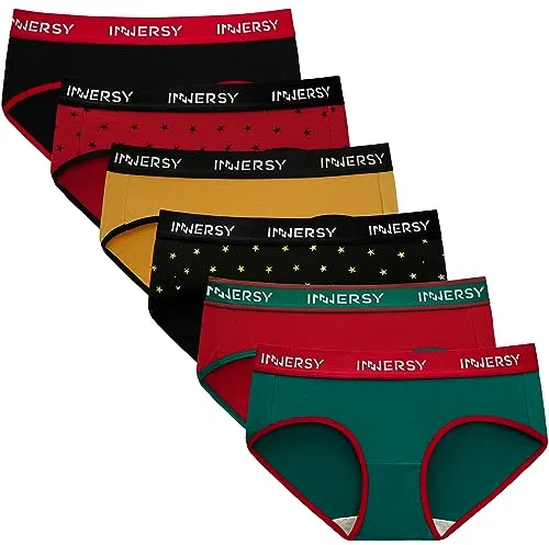 INNERSY Bragas Algodon Mujer Hipster Suave Braga Deportiva Braguitas Elásticas Navidad Pack de 6 (L, Multicolor Brillante)