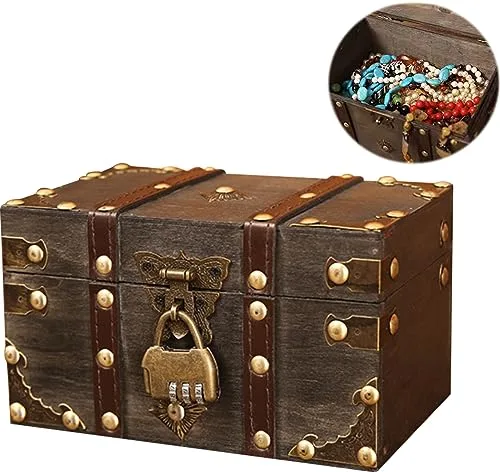 Nizirioo Cofre del tesoro vintage de madera con cerradura de combinación: cofre del tesoro vintage pequeño, cofre del tesoro pirata, joyero con tapa para fiesta de cumpleaños infantil, hucha con