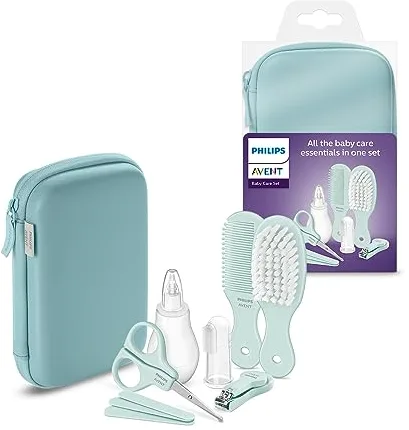 Philips Avent Baby Care Set: Kit básico para el cuidado del beb con 9 accesorios; cortaúñas, tijeras, 3 limas de uñas, peine, cepillo, aspirador nasal y cepillo dental dedal (modelo SCH401/00)