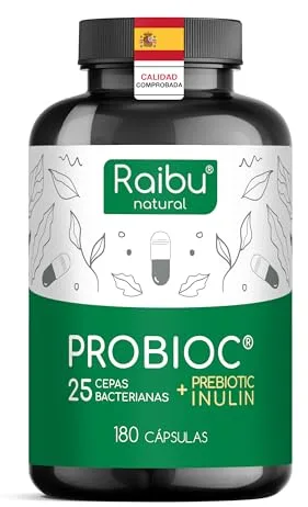 Probióticos y Prebióticos Intestinales - 180 Cápsulas, 25 Cepas Bacterianas + Inulina, 60 Mil Millones de UFC para la Flora Intestinal - Lactobacillus, Bifidobacterium, Máxima Concentración