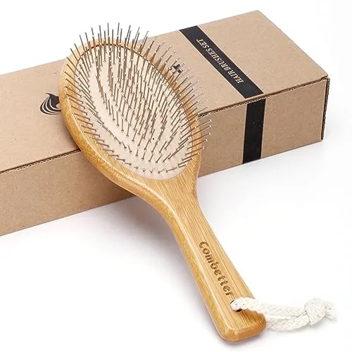 Cepillo de bambú Combetter, para alisar el cabello y masajear el cuero cabelludo, cepillo antiestático desenredante, peine natural de madera ecológico con cerdas metálicas para mujeres, hombres y