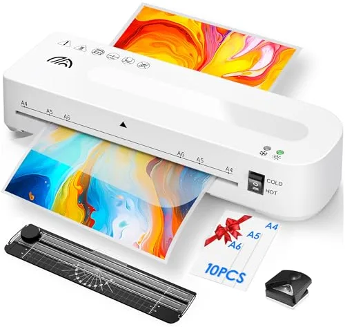 MAXDONE Plastificadora A4 Frío/Calor - Máquina de Plastificar con 10 Fundas, 80-125 Micras y 90s Precalentamiento, Sistema Doble Rodillo Anti-Atascos, Ideal para Escuela, Hogar y Oficina (Blanco)