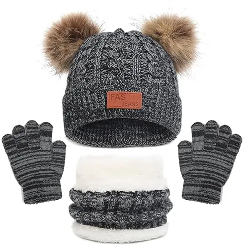 LINSOCLE Set de Bufanda Gorro y Guantes Niña-Niño, Conjunto de Bufanda Sombrero y Gorro Niño Invierno, Gorros con Pompon Lana NiñoBraga Cuello Polar y guantes de punto cálidos para niño 2-6 Años