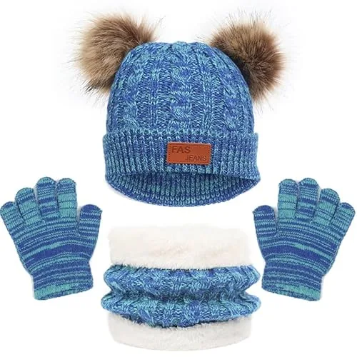 LINSOCLE Conjunto Gorro Bufanda y Guantes Niña-Niño, Set de Bufanda Sombrero Guantes para Niños en Invierno, Gorro de Lana con Pompones y Braga de Cuello Polar para Niños de 2 a 6 Años