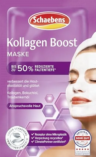 Schaebens Máscara de colágeno Boost - el cuidado intensivo para una piel más suave y joven con colágeno, baquuchiol y aceite de semilla de uva para pieles exigentes, 2 aplicaciones