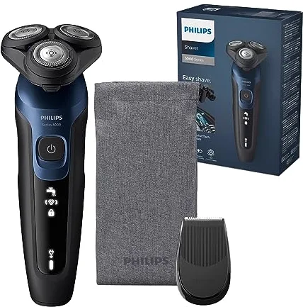 Philips Serie 5000 Afeitadora Eléctrica Hombre, Máquina de Afeitar Barba con recortadora, 27 cuchillas, Cabezal flexible 360º, 50min de uso, En Seco y Húmedo, Recargable, Funda, S5465/18, Azul Metal