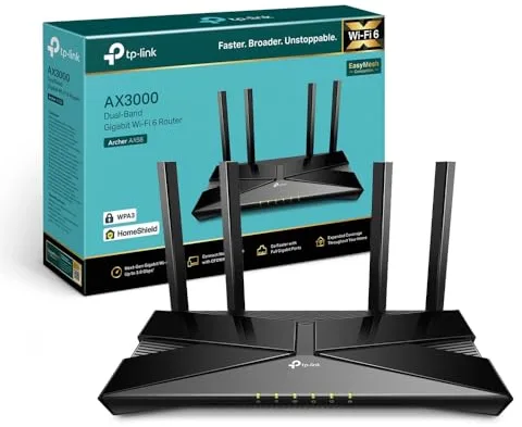 TP-Link Archer AX58 - Router WiFi 6 AX3000, Doble Banda 2.4Ghz/5Ghz,1xWAN/4xLAN Puertp Gigabit, WPA3, OFDMA, WPS, Latencia Ultrabaja, HomeShield, Tecnología OneMesh, Negro
