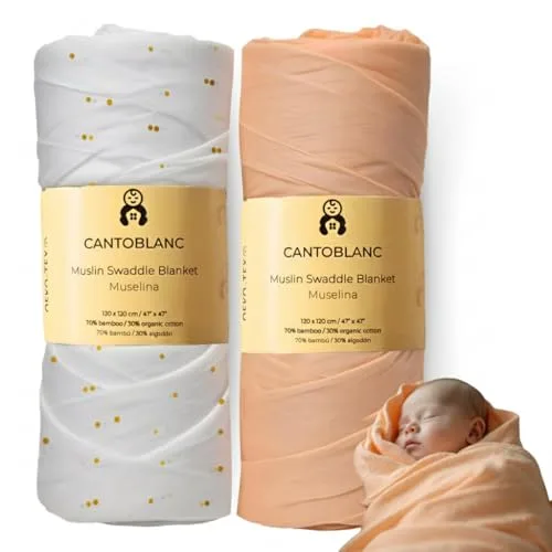 Cantoblanc® MUSELINAS bebé ALGODÓN BAMBÚ 120x120 cm, 2 UDS Extra Suaves. Arrullo Bebé Recién Nacido Invierno Verano. Toalla Manta Bebé Recién Nacido. Gasas Muselina Bambú Pañales Fraldas Pano.
