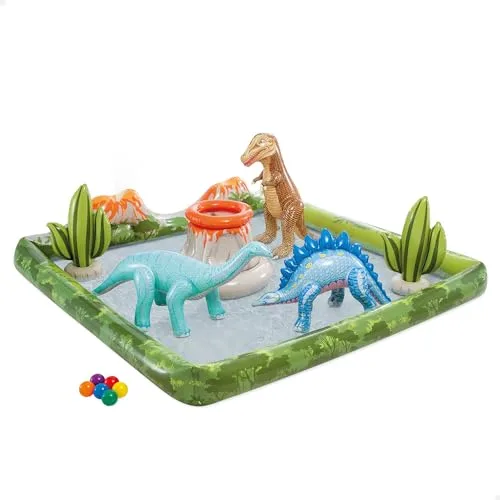 Intex, Piscina Infantil Hinchable con dispersor de Agua y Juego Lanzamiento Bolas, 410 l, Máx 81 kg, Dinosaurios, Incluye Parche reparación, Centros de Juego para niños, +2 años (56132)
