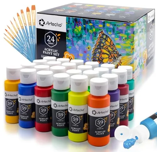 Artecho Pinturas Acrilicas 24 × 59 ml con Pincel de 10 Piezas, Acrylic Paint Set, no Tóxico, Impermeable y Resistente a la luz, para Lienzos, Tela, Madera, Cristal, Piedras.