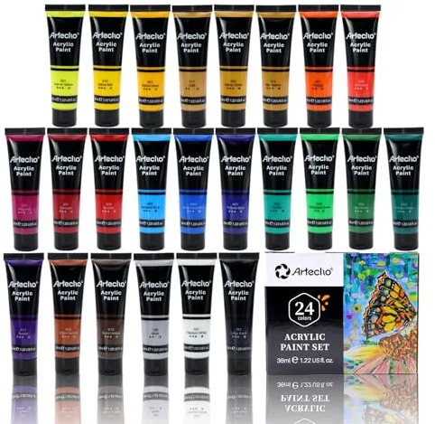 Artecho Pinturas Acrilicas 24 × 36 ml, para Bellas Artes y Manualidades, Acrylic Paint Set, Impermeable y resistente a la luz para Lienzos, Tela, Madera, Cristal, Piedras