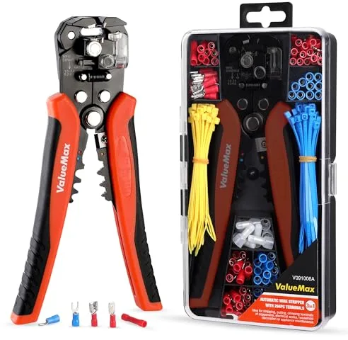 ValueMax Pelacables Automático, 268-Piezas Juego de Alicates Pelacables, AWG 24-10 (0,2-6,0 mm²), Pelar, Crimpar y Cortar 3 en 1, con 150 Terminales y Caja de Almacenamiento