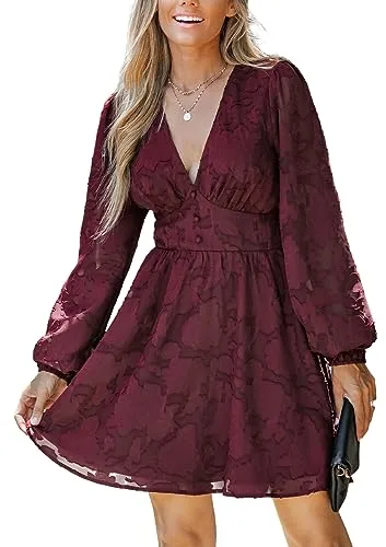 CUPSHE Mini vestido de mujer de encaje ajustado de manga larga estampado floral cuello en V vestido de cóctel casual fiesta de noche, M