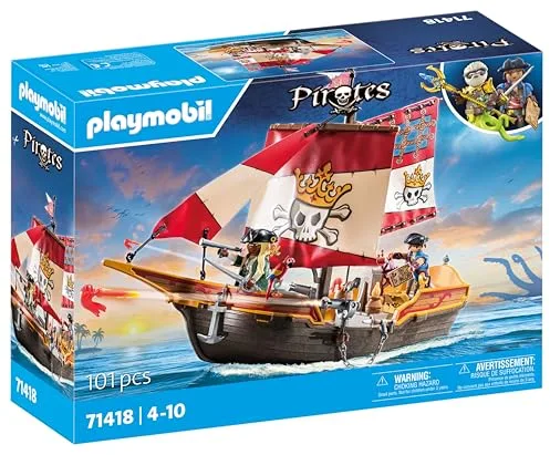 PLAYMOBIL Pirates 71418 Barco Pirata, emocionantes Aventuras en Alta mar, con Accesorios completos como un telescopio, brújula y cañones, Juguetes para niños a Partir de 4 años