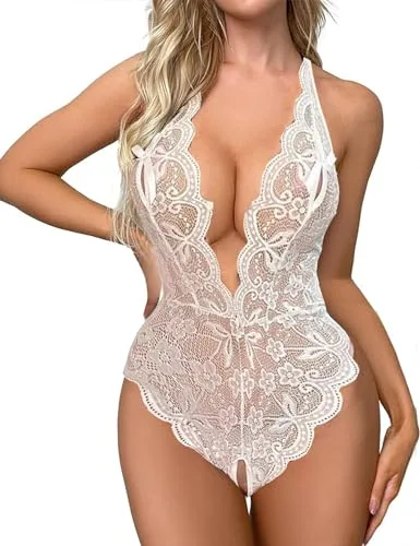 Rayson Mujeres Ropa Interior Conjunto Halter Lace Babydoll Mini Body Cuello en V Lencería de Encaje para Mujer Body de Una Pieza Conjunto de Lencería,Blanco