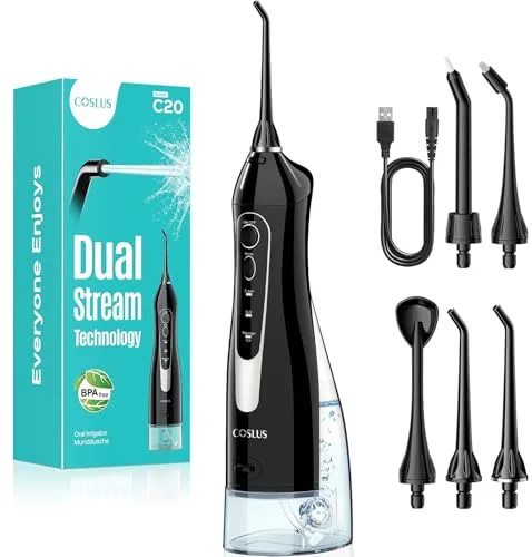 COSLUS C20 Irrigador Bucal Portatil Flosser: 300ML Irrigador Dental Inalámbrico de Riego para Limpieza Dental Doble chorro de agua IPX7 Impermeable Limpieza Diente Para Hogar baño y los Viajes Negro