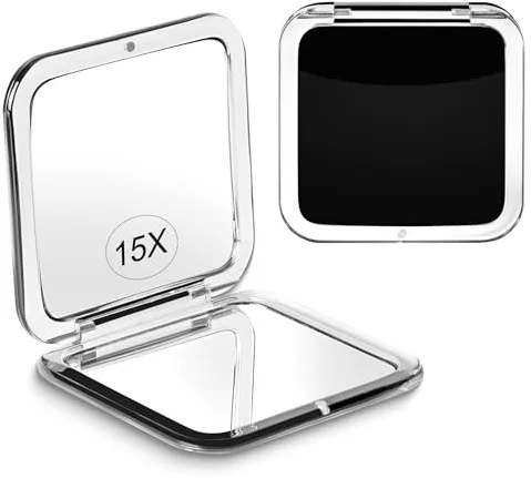 SANTOO 15X Aumento de Espejo de Maquillaje Compacto con para Viajes, Espejo de Bolsillo pequeño de Mano, Plegable y portátil. Espejo de 2 Caras con Aumento 15X para Monederos - Cuadrado 8,4cm