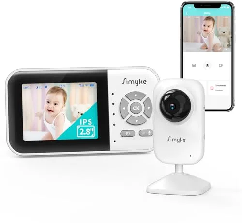 Simyke Vigilabebes con Camara WiFi y Pantalla de 2,8",Monitor Bebe con App, Audio Bidireccional,Vision Nocturna Automatica, VOX, Sensor de Temperatura, Canciones de Cuna y Largo Alcancepara el Hogar