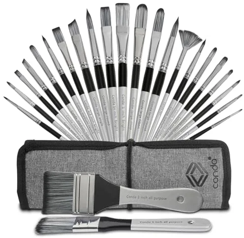 Conda - Juego de 24 pinceles de pintura con mango de madera de diferentes formas con estuche de pinceles de arte, pinceles de artista profesional para óleo, lienzo acrílico, acuarela, manualidades