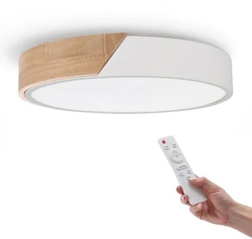M Ledme - Plafón LED Techo Blanco Redondo 24W con Mando a distancia, Regulable 2700K-6500K blanco frío a cálido, 2400LM, Diseño Blanco con Madera Natural, para Baño, Cocina, Balcón,LM8284