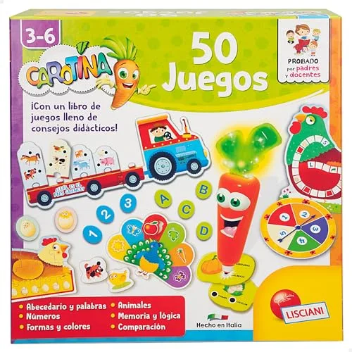Colorbaby Lisciani - Carotina 50 Juegos, Juego de Mesa, Bolígrafo electrónico parlante, Tablero Doble Cara, 55 fichas, 24 Tarjetas memo, 10 puzles, Maxi póster, 3 años, 47620