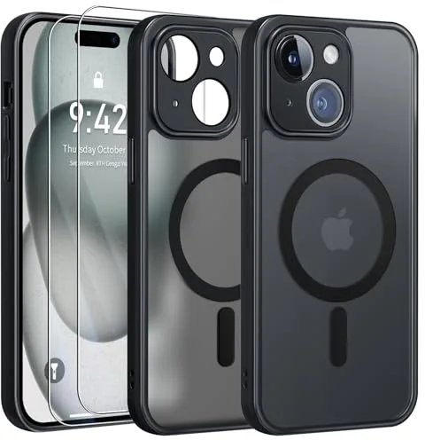 FLLAO Funda para iPhone 15, Compatible MagSafe, con 2 Piezas Protector de Pantalla Cristal Templado, [Protección de Cámara] Magnética Carcasa Translúcida Mate Trasera Fina Antigolpes, Negro