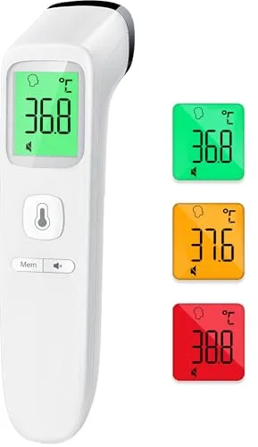 Viproud Termómetro digital infrarrojo sin contacto para frente, retroiluminación de tres colores, medición precisa, alarma de fiebre, apto para bebés, niños y adultos, color blanco