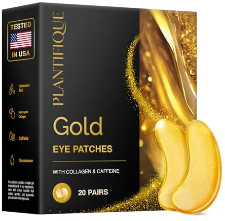 PLANTIFIQUE 24k Gold Parches Ojos Bolsas y Ojeras, 20 Pares Parches de Colageno y Cafeine para Contorno Ojos, Mascarillas Dorados Antiarrugas y Antiojeras - Eye Patches