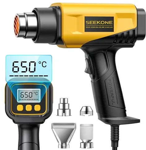 SEEKONE Pistola de Aire Caliente de 2000W con Pantalla LCD Digital, 50℃-650℃ Diseño Compacto y Temperatura de Flujo de Aire Ajustable, con Protección de Sobrecarga y Ideal para Manualidades