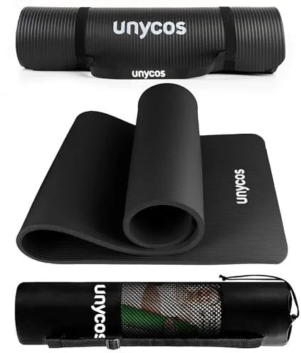 unycos - Esterilla de Deporte, Yoga, Pilates y Fitness, Gruesa (10 mm) Antideslizante【E-Book】Correa y Bolsa de Transporte, Colchoneta NBR para Gimnasio en Casa 183x60 cm | 72,04"x23,62" (Negro)