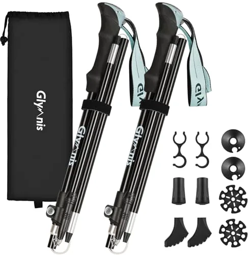 Glymnis Bastones de Senderismo, Bastones Trekking Plegables 2pcs 36cm-130cm de Aleación de Aluminio 7075 y EVA para Senderismo Alpinismo Trail Viaje (Azul Lago)