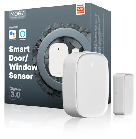 MOES Sensor de Puerta y Ventana Inteligente, Requiere Pasarela ZigBee Tuya, Detector Inalámbrico para Sistema de Alarma y Hogar, Compatible con Smart Life/MOES/Tuya, 1 Unidad