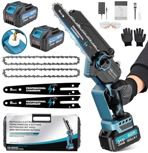 Mini Motosierra Bateria, 8000mAh Sierra Eléctrica Bateria Motor sin Escobillas 8 Pulgadas, con El Aceite y 2 Baterías, Motosierra Inalámbrica Portátil para Podar, Árboles (1200W)