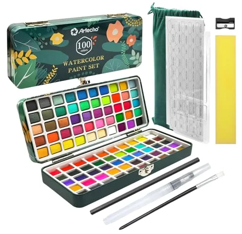 Artecho Kit Acuarelas 100 Colores en Estuche Portátil, Set de Pintura con Pincel y Papel de Acuarela, Watercolor, Acuarelas de Viaje, para Artistas y Pintores Aficionados
